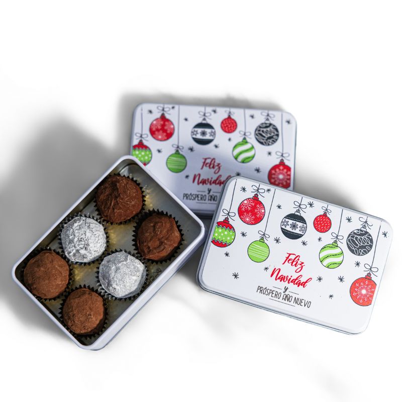 Trufas variadas en caja metálica Navidad